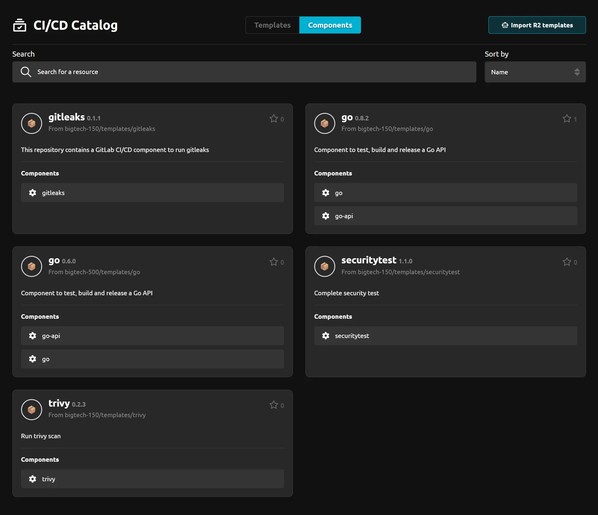 Screenshot of "Components Catalog" on R2Devops