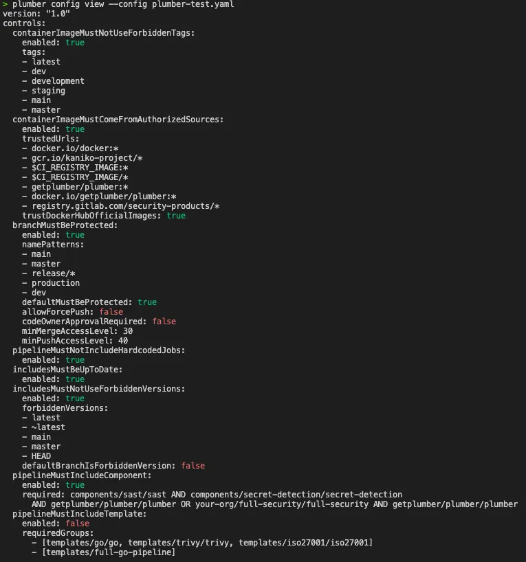 plumber config view output with colorized booleans