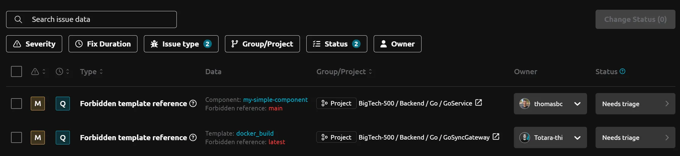 Screenshot of "Issue Row" on R2Devops