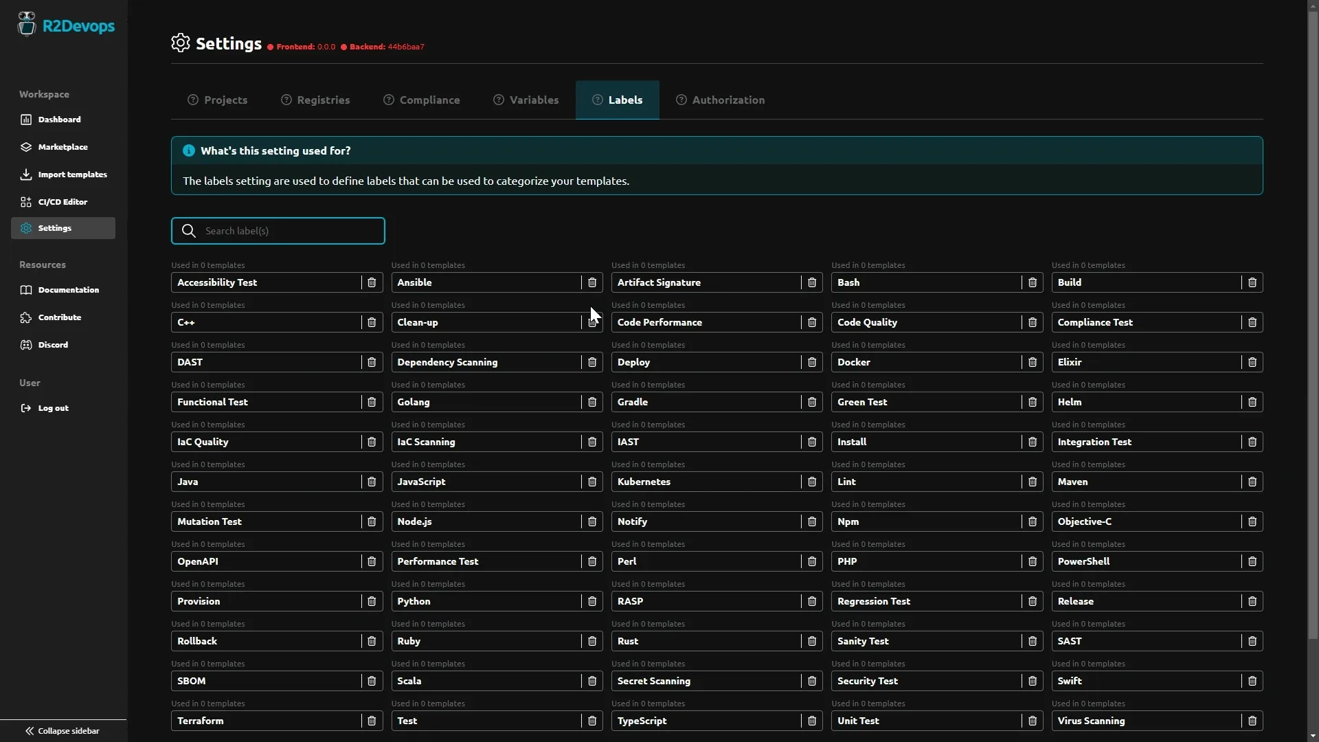 User experience demonstration of the Labels Settings page