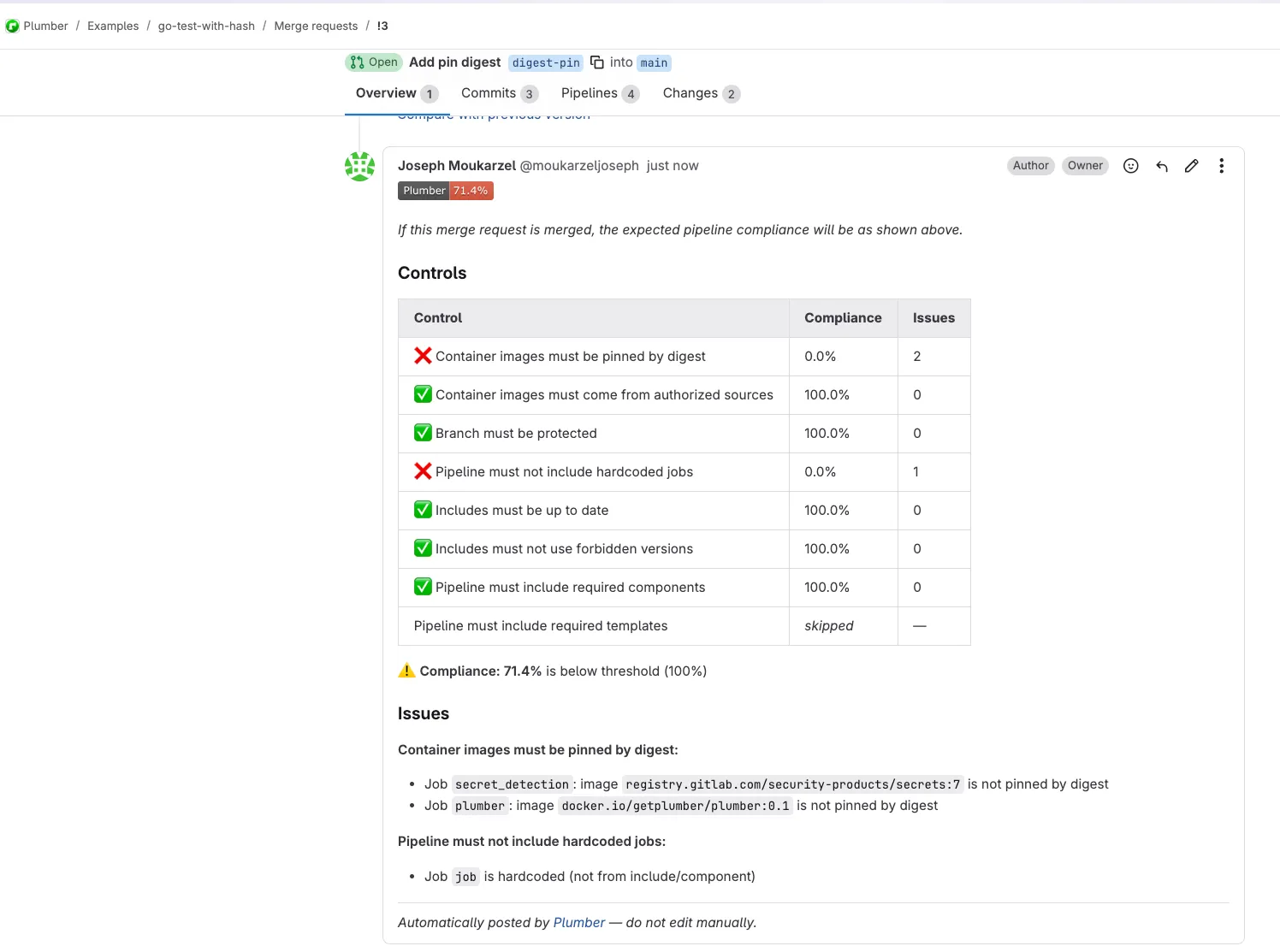 Merge request comment showing compliance results