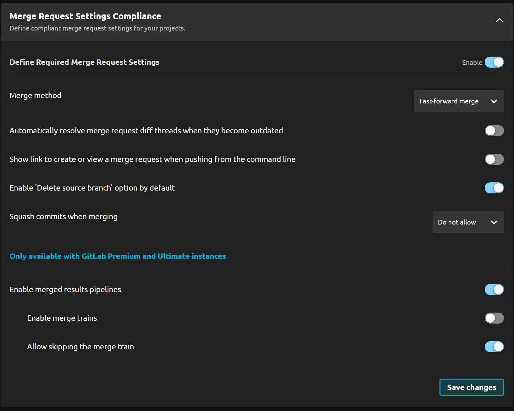 Screenshot of the "Merge Request Settings Compliance Controls" on R2Devops