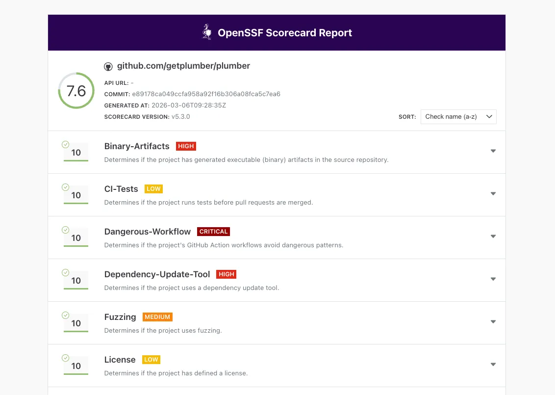 OpenSSF Scorecard report for Plumber showing multiple 10/10 scores