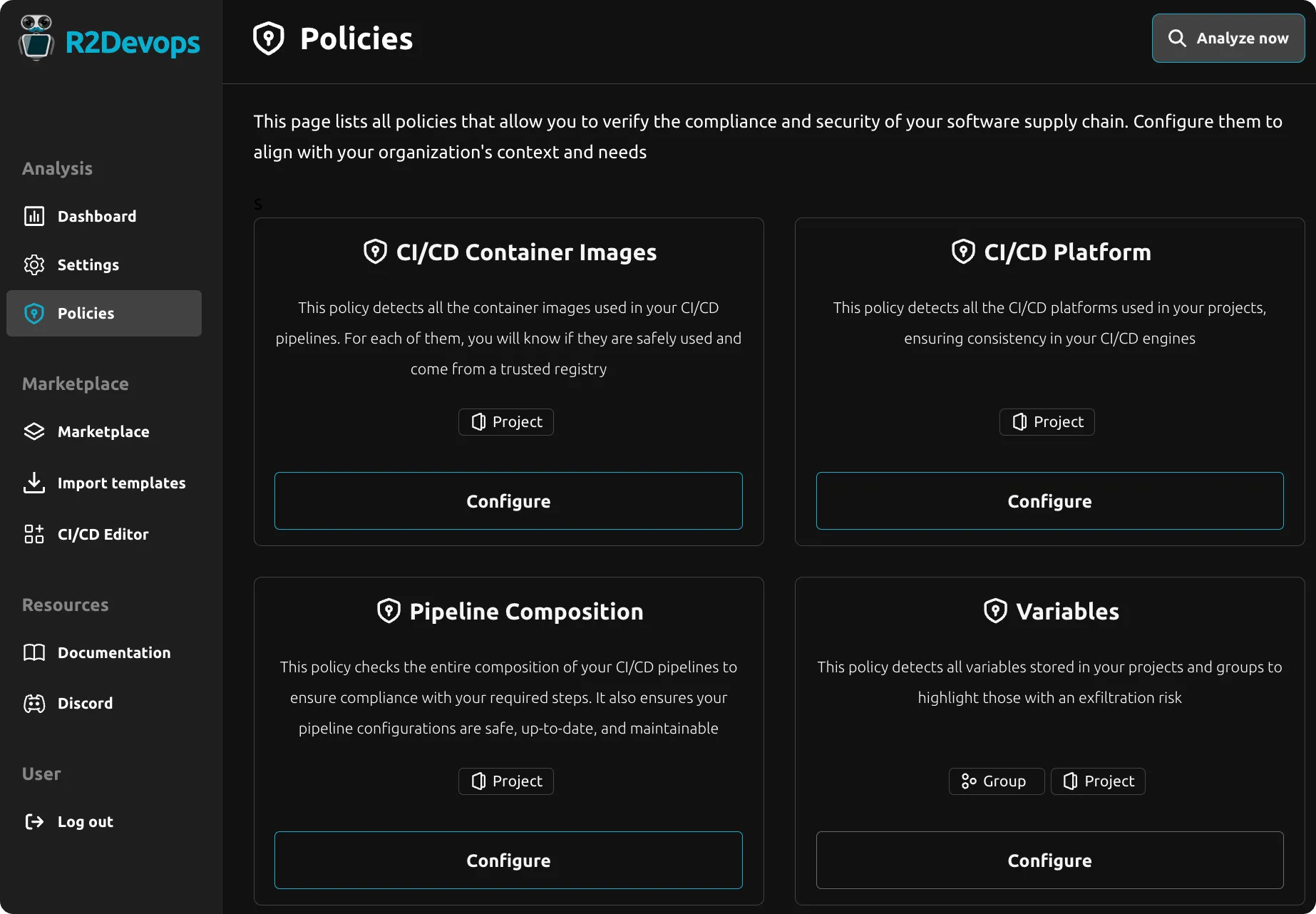 Screenshot of the "Policies" page on R2Devops