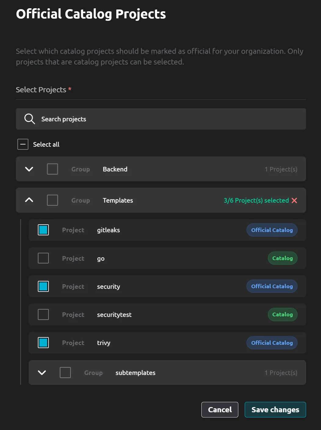 Screenshot of "Catalog Projects" on R2Devops