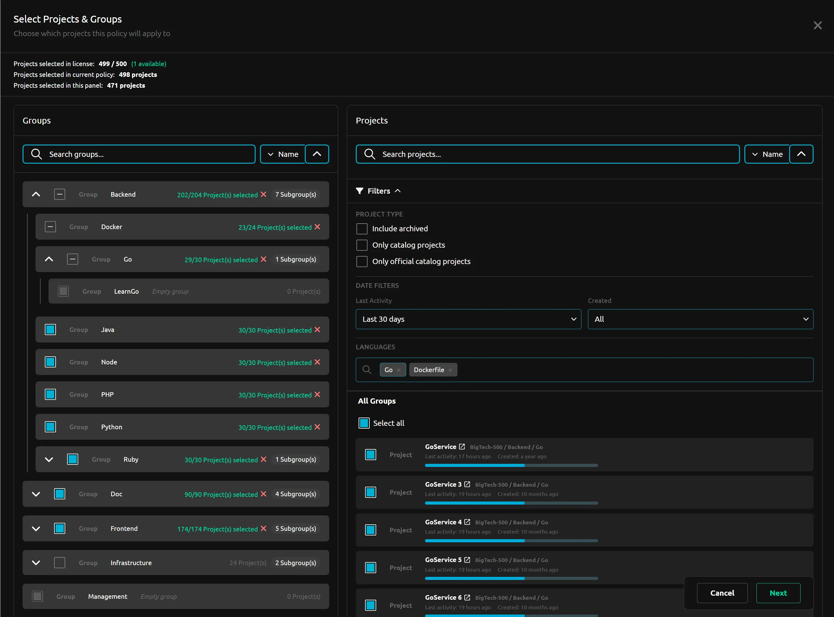 Simplified projects selection